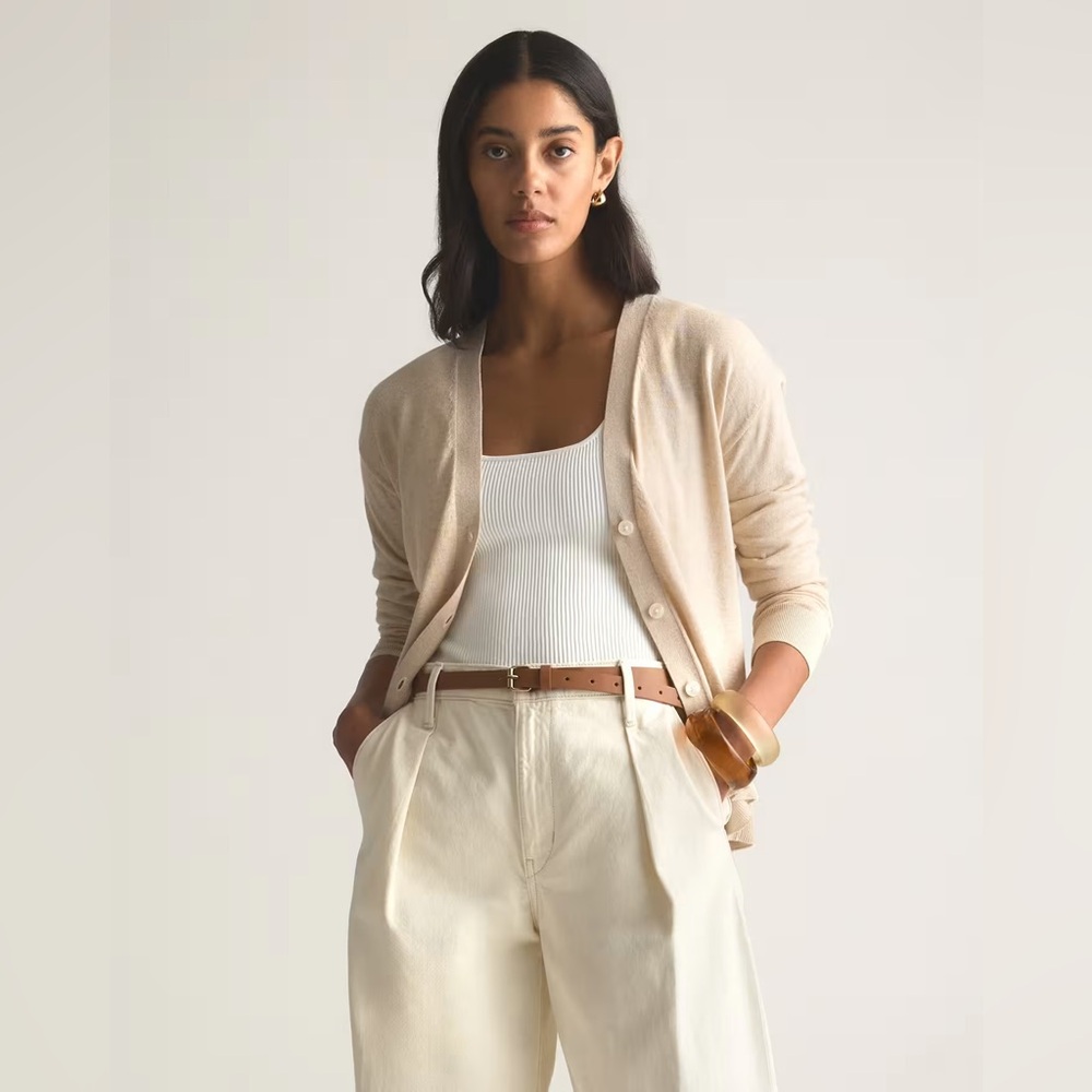 Quince Light Beige V-Neck Sweater - Picture 3 of 11